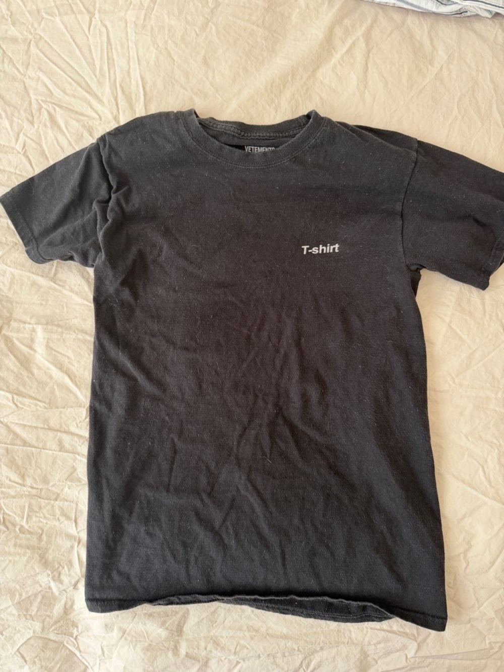 Vintage Vetements Black Tee with white text front and back. Sold as is!